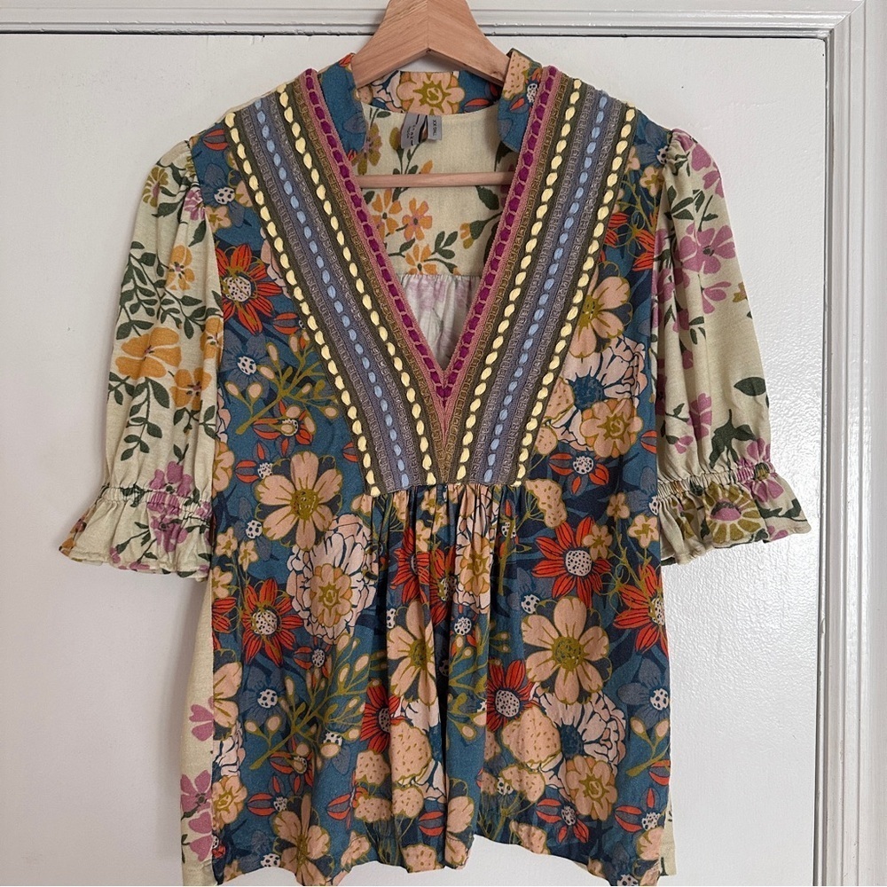 Anthropologie Bl-nk London Top Women's XXS Stephanie Floral Boho Blouse Floral - Picture 3 of 11